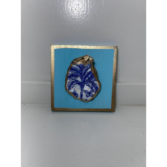 SALE Original HandPainted Oyster Shell Art 5x5 Wooden Block Palm Tree Gold Beach - Picture 4 of 5
